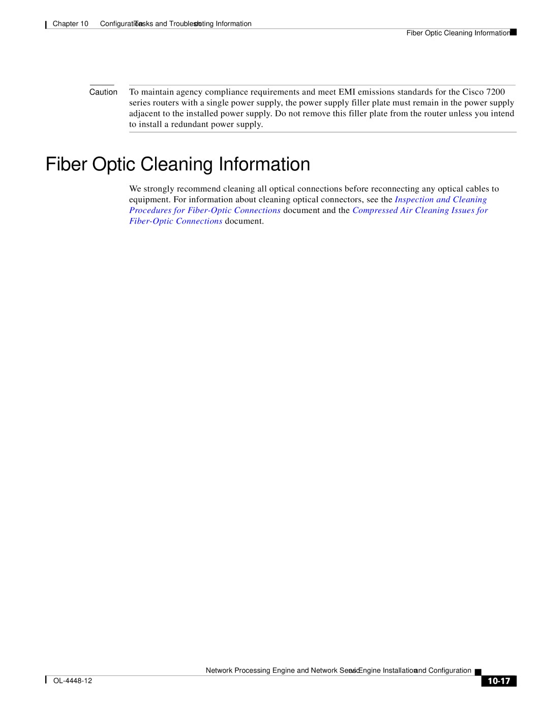 Cisco Systems NPE-175, NPE-225 manual Fiber Optic Cleaning Information, 10-17 