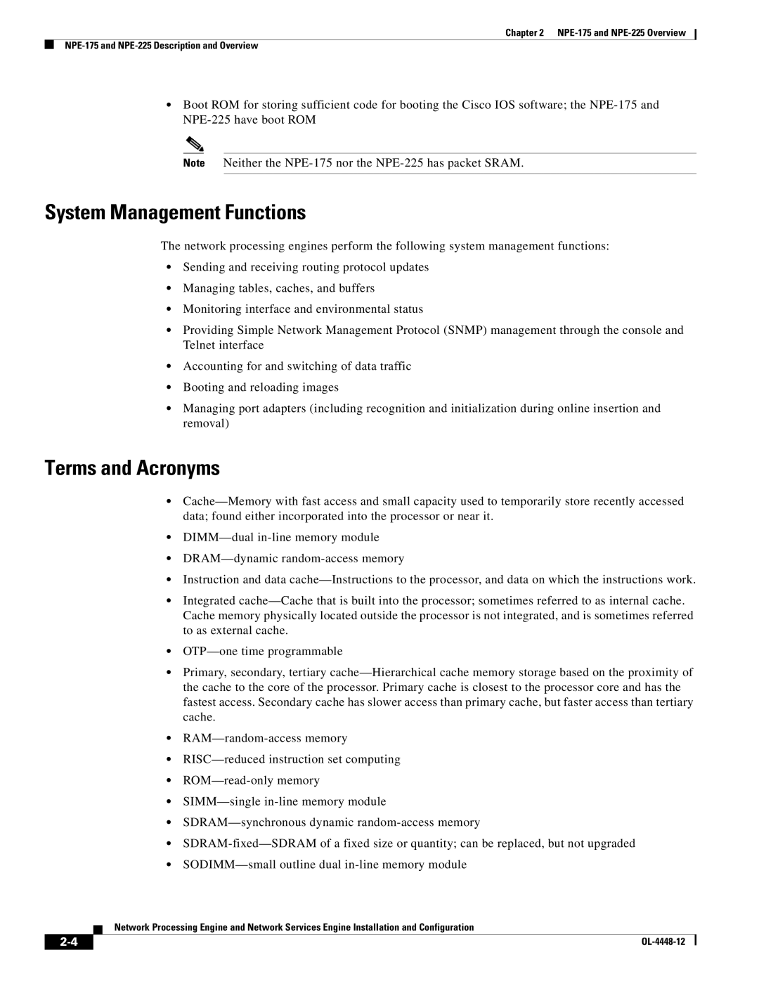 Cisco Systems NPE-225, NPE-175 manual System Management Functions 