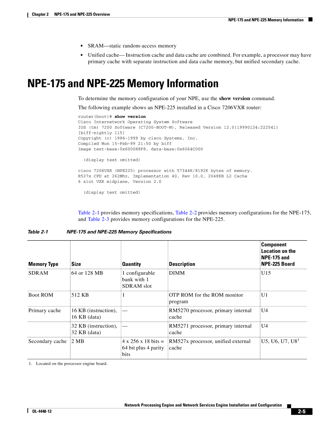 Cisco Systems manual NPE-175 and NPE-225 Memory Information, Component, Location on 