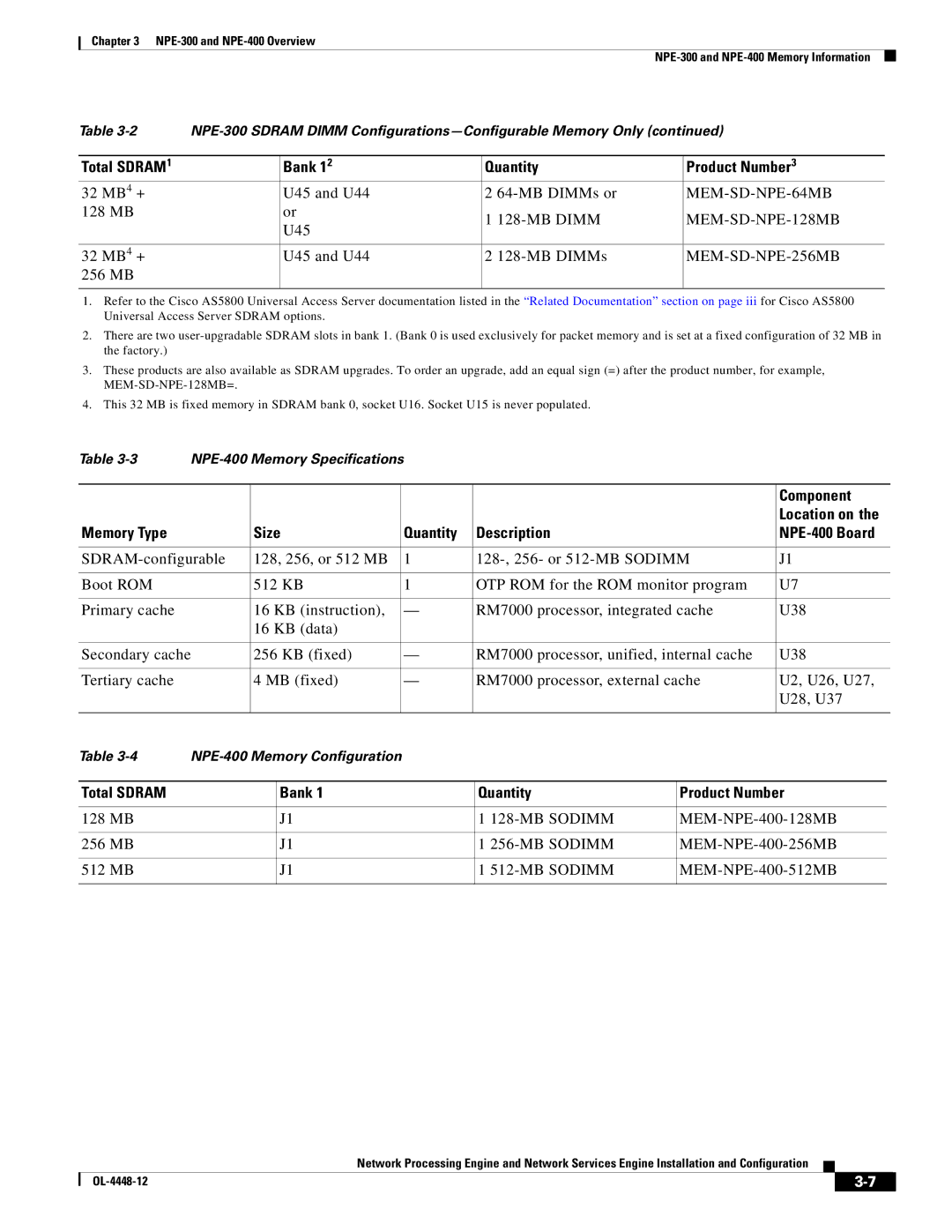 Cisco Systems NPE-175, NPE-225 manual MEM-SD-NPE-256MB, Memory Type Size Quantity Description NPE-400 Board, MB Sodimm 