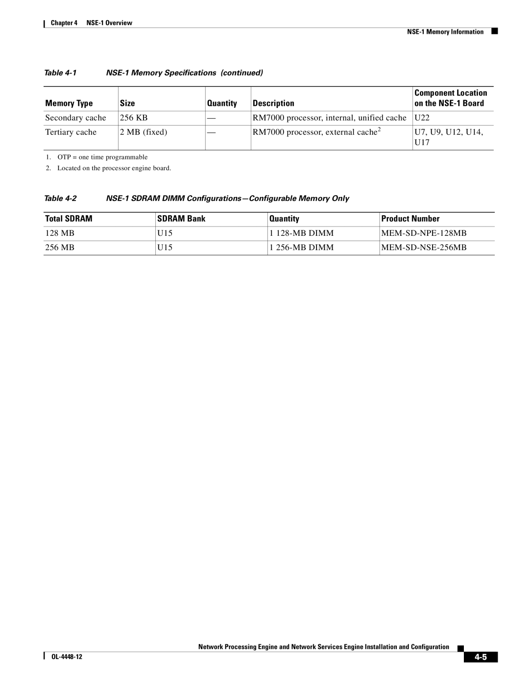 Cisco Systems NPE-175, NPE-225 manual Memory Type Size Quantity Description On the NSE-1 Board 