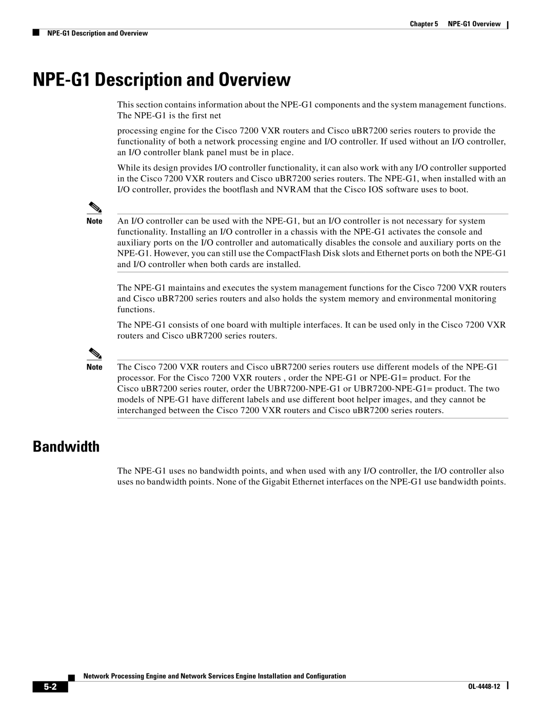 Cisco Systems NPE-225, NPE-175 manual NPE-G1 Description and Overview, Bandwidth 