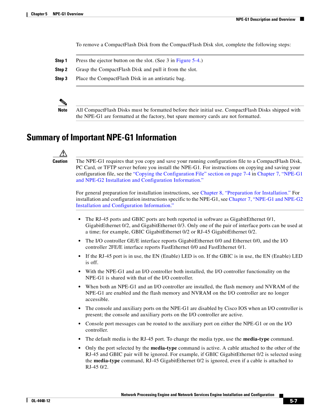 Cisco Systems NPE-175, NPE-225 manual Summary of Important NPE-G1 Information 