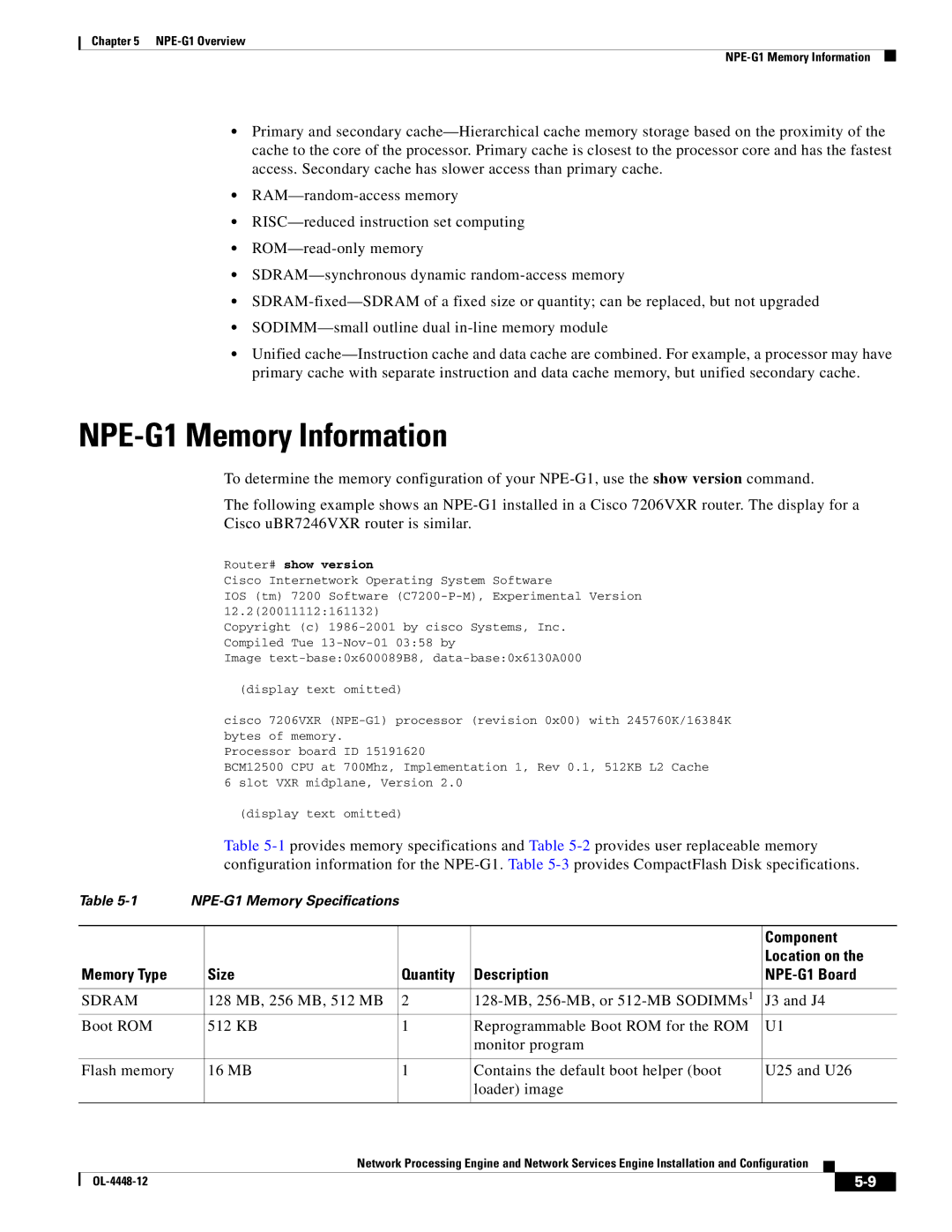 Cisco Systems NPE-175, NPE-225 manual NPE-G1 Memory Information, Memory Type Size Quantity Description NPE-G1 Board 