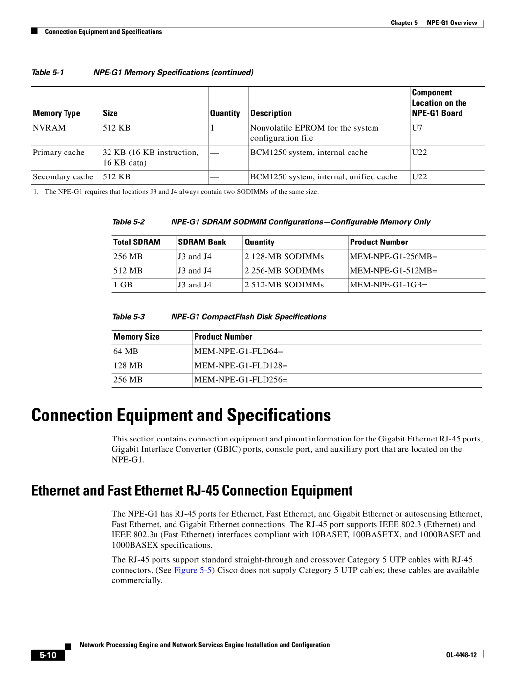 Cisco Systems NPE-225 manual Connection Equipment and Specifications, Ethernet and Fast Ethernet RJ-45 Connection Equipment 