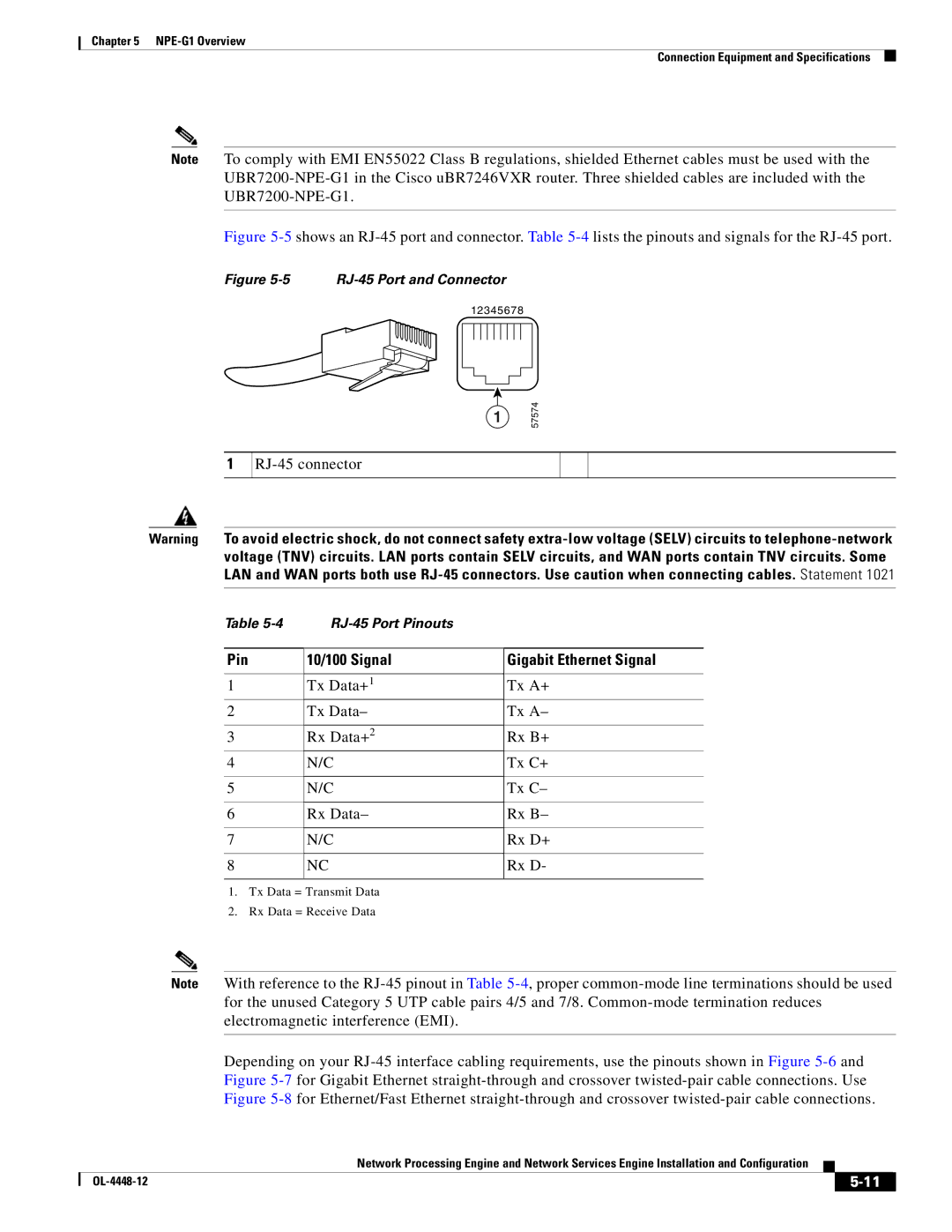 Cisco Systems NPE-175, NPE-225 manual RJ-45 connector, Pin 10/100 Signal Gigabit Ethernet Signal 