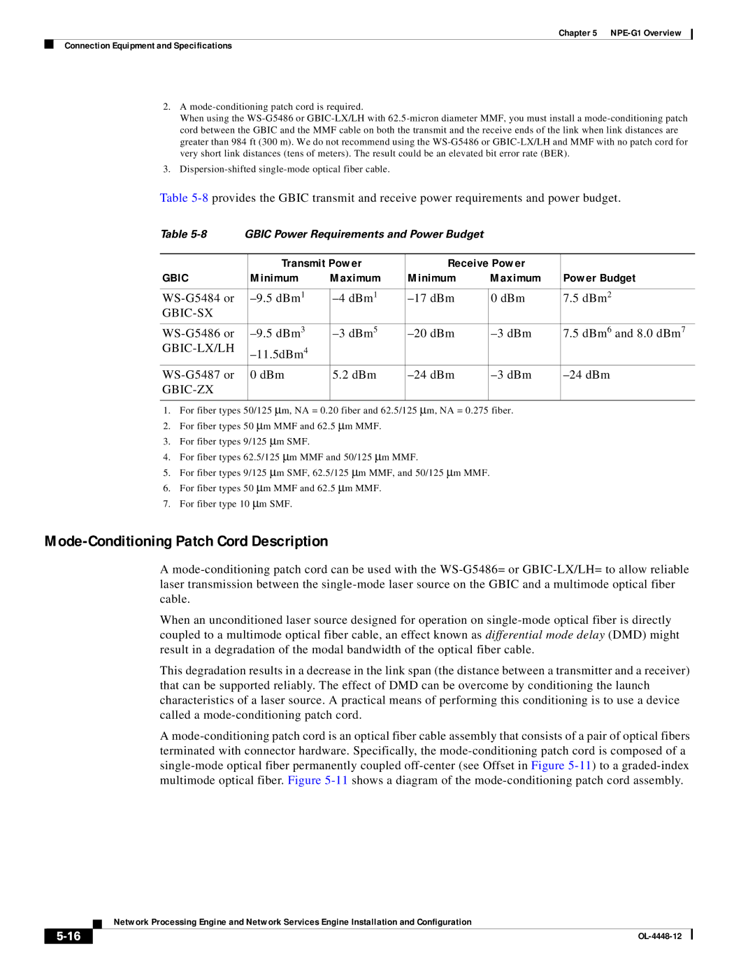 Cisco Systems NPE-225 Mode-Conditioning Patch Cord Description, Transmit Power Receive Power, Minimum Maximum Power Budget 