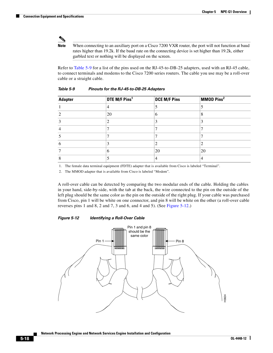 Cisco Systems NPE-225, NPE-175 manual Adapter DTE M/F Pins DCE M/F Pins Mmod Pins, Identifying a Roll-Over Cable 