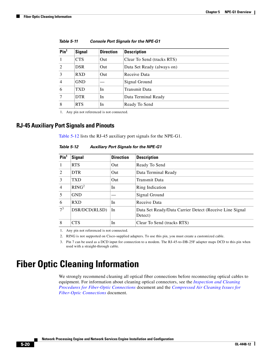 Cisco Systems NPE-225, NPE-175 manual Fiber Optic Cleaning Information, RJ-45 Auxiliary Port Signals and Pinouts 