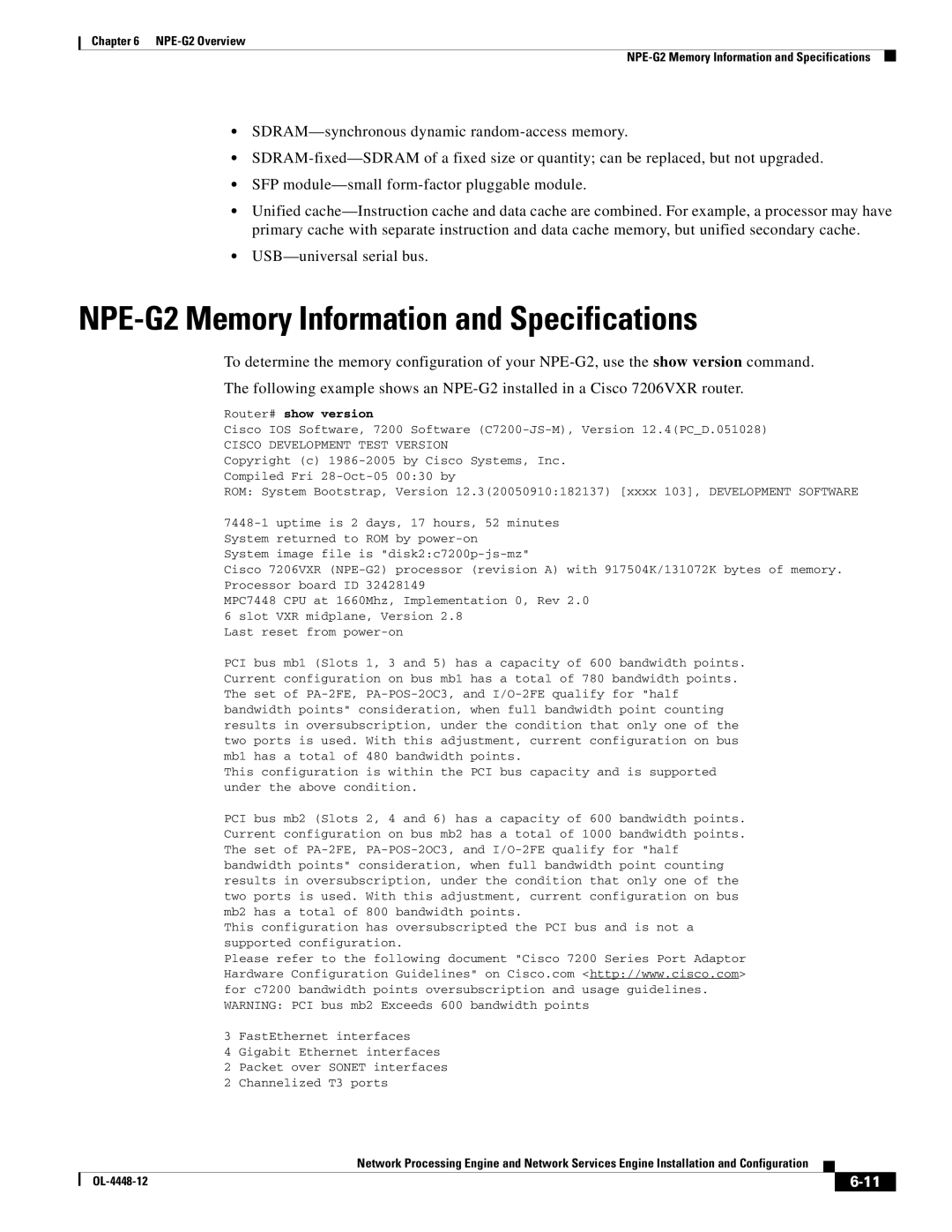 Cisco Systems NPE-175, NPE-225 manual NPE-G2 Memory Information and Specifications, Cisco Development Test Version 