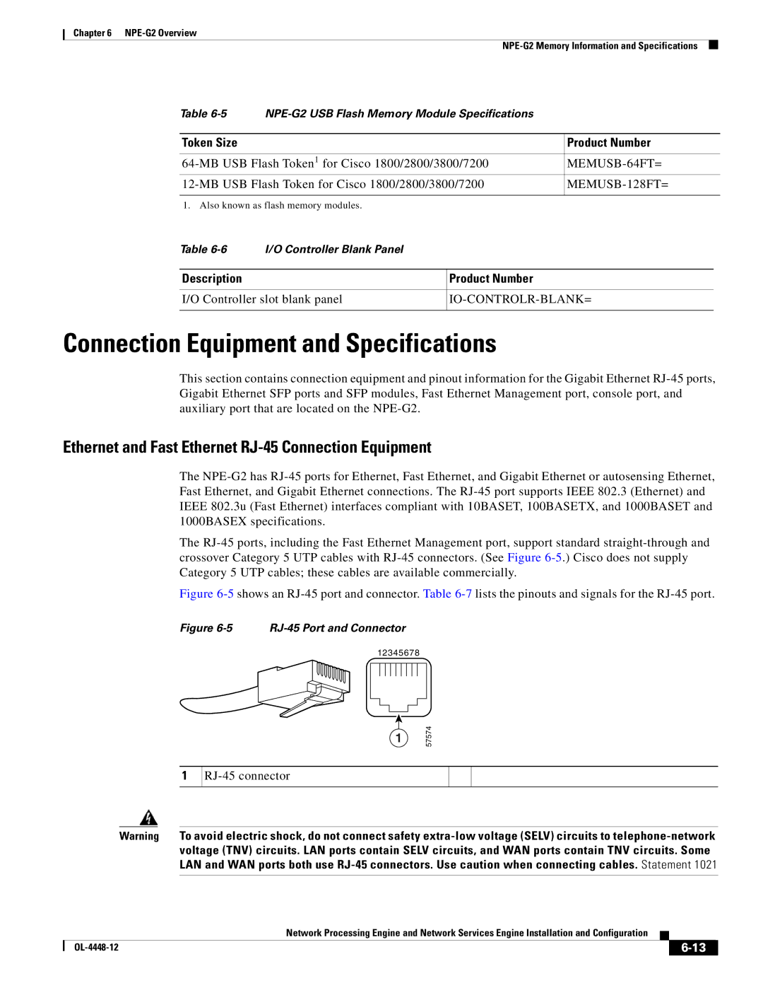 Cisco Systems NPE-175 manual Ethernet and Fast Ethernet RJ-45 Connection Equipment, Token Size Product Number, MEMUSB-64FT= 