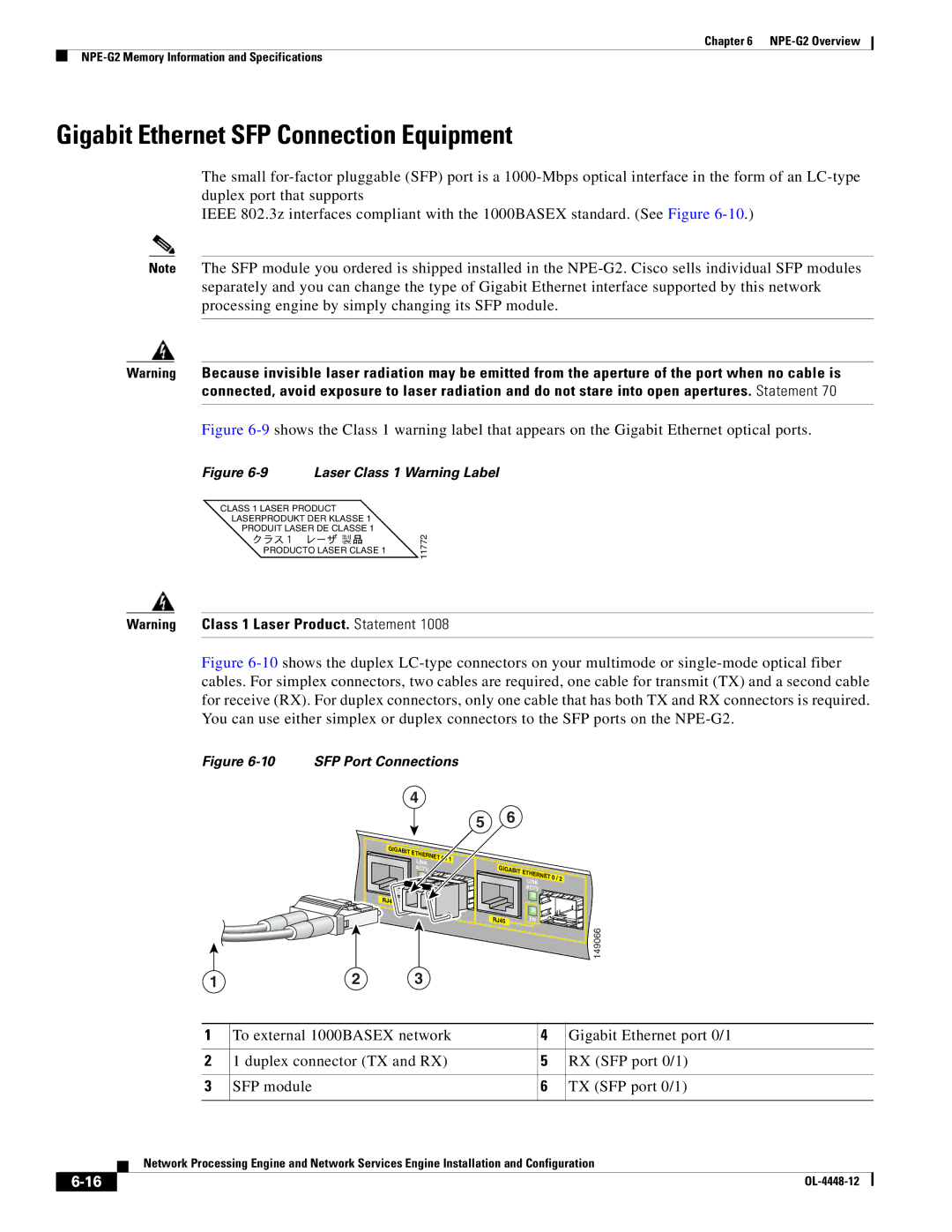 Cisco Systems NPE-225, NPE-175 manual Gigabit Ethernet SFP Connection Equipment, SFP Port Connections 