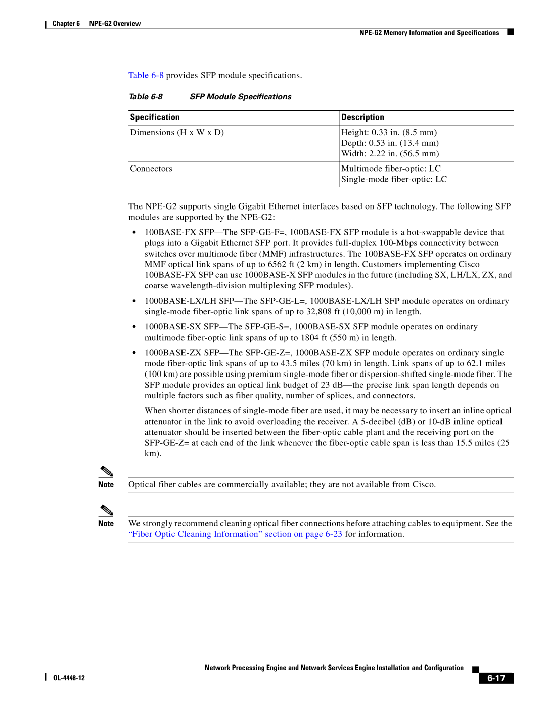 Cisco Systems NPE-175, NPE-225 manual 8provides SFP module specifications, Specification Description 