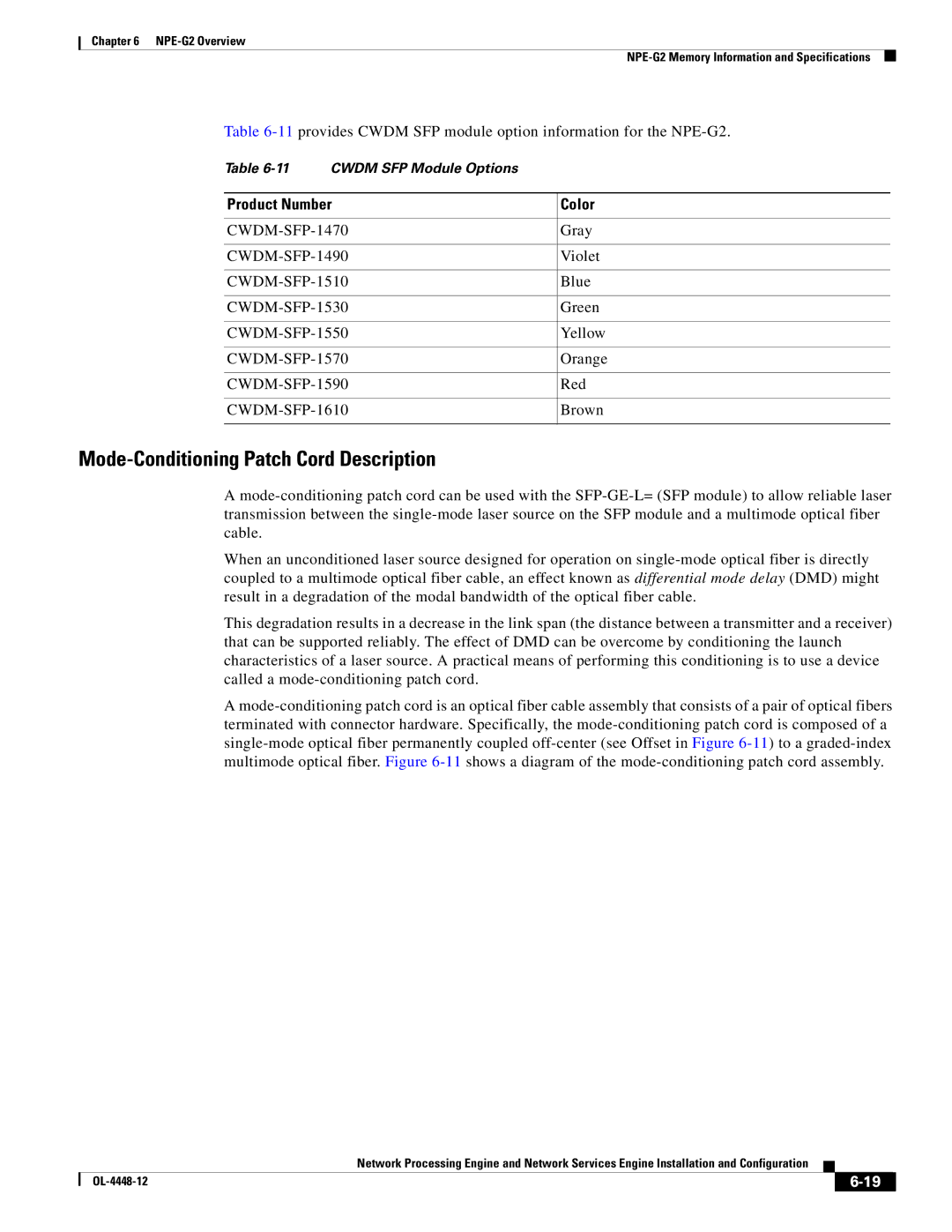 Cisco Systems NPE-175, NPE-225 manual 11provides Cwdm SFP module option information for the NPE-G2, Product Number Color 