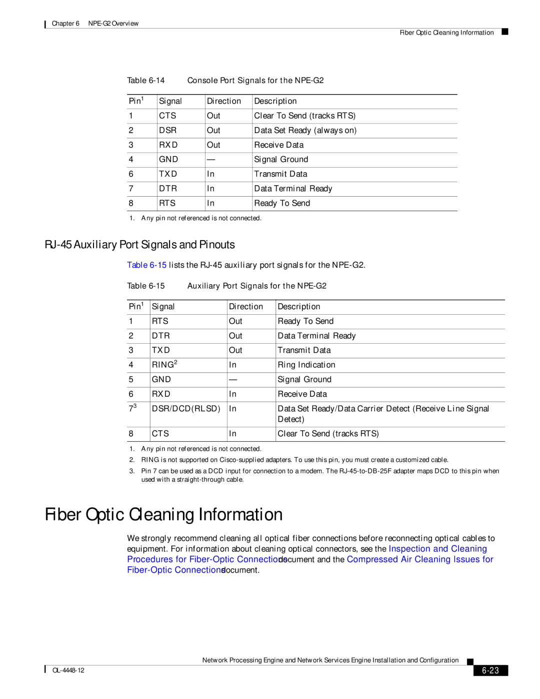 Cisco Systems NPE-175, NPE-225 Pin Signal Direction Description, 15lists the RJ-45 auxiliary port signals for the NPE-G2 