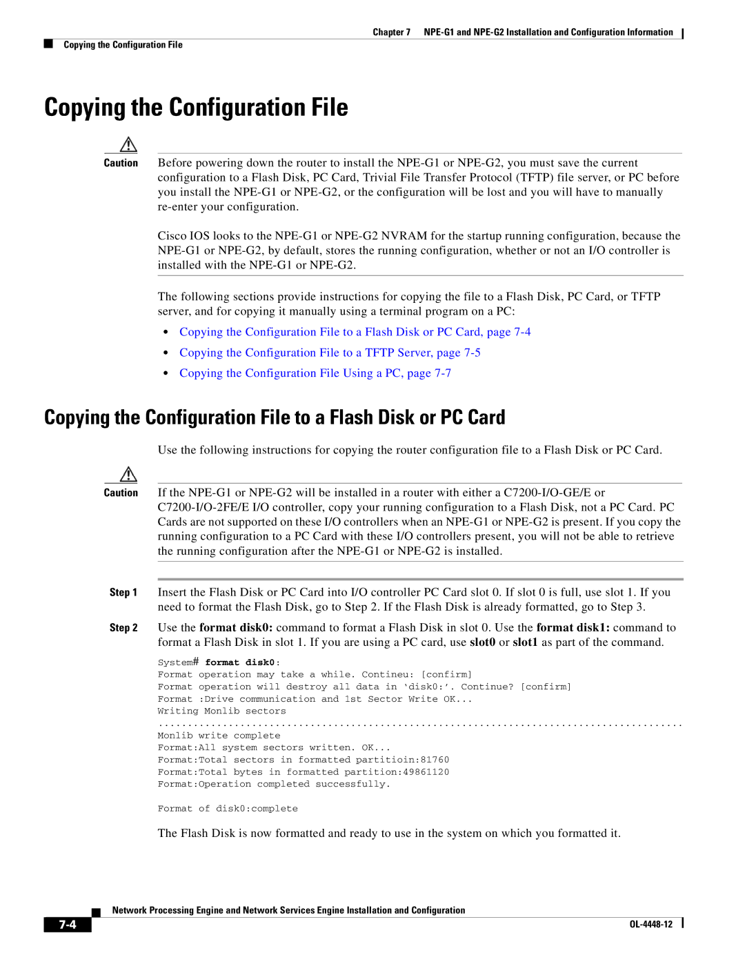 Cisco Systems NPE-225, NPE-175 manual Copying the Configuration File to a Flash Disk or PC Card, System# format disk0 