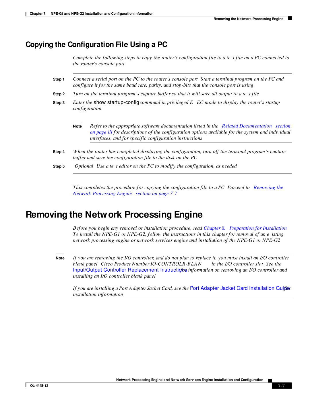 Cisco Systems NPE-175, NPE-225 manual Removing the Network Processing Engine, Copying the Configuration File Using a PC 