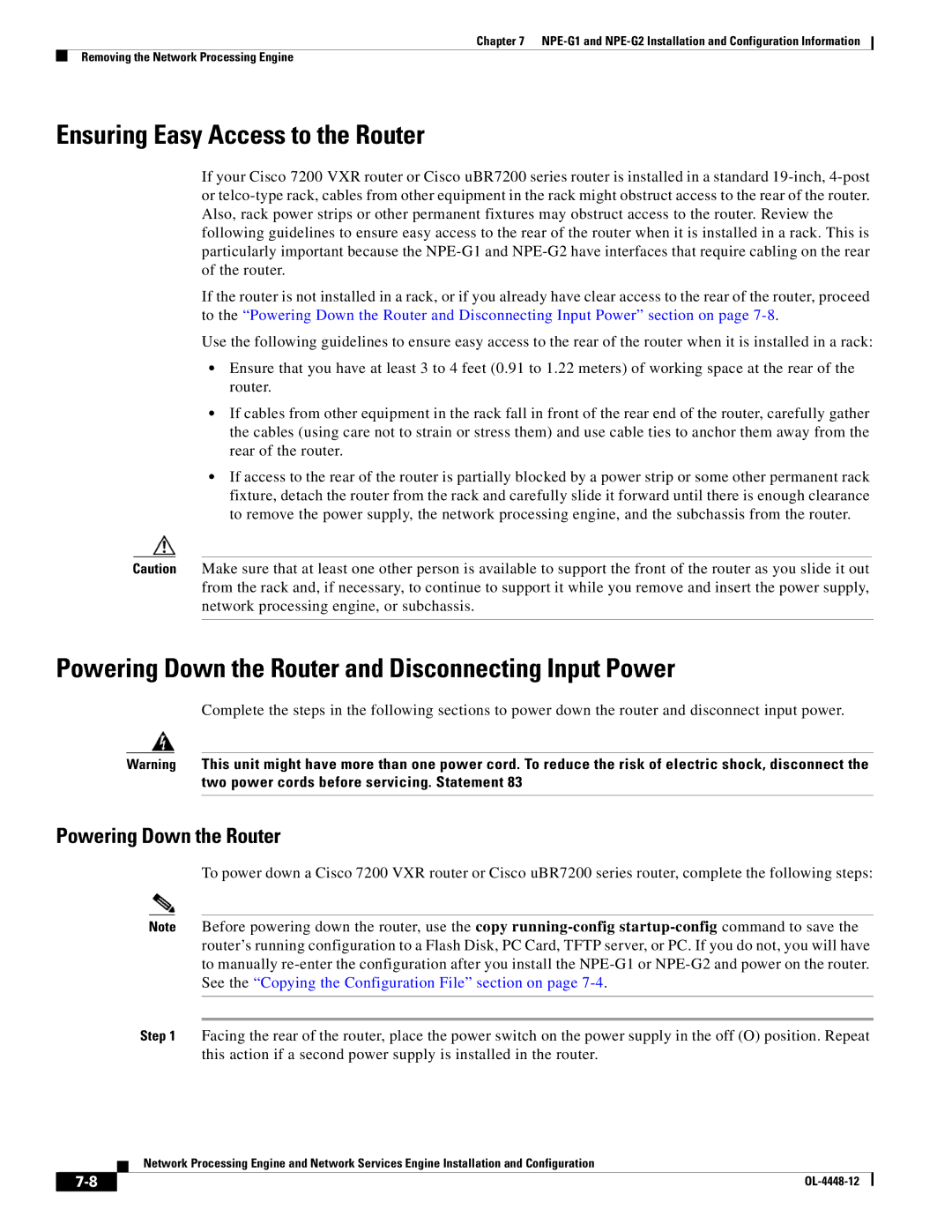 Cisco Systems NPE-225, NPE-175 Ensuring Easy Access to the Router, Powering Down the Router and Disconnecting Input Power 