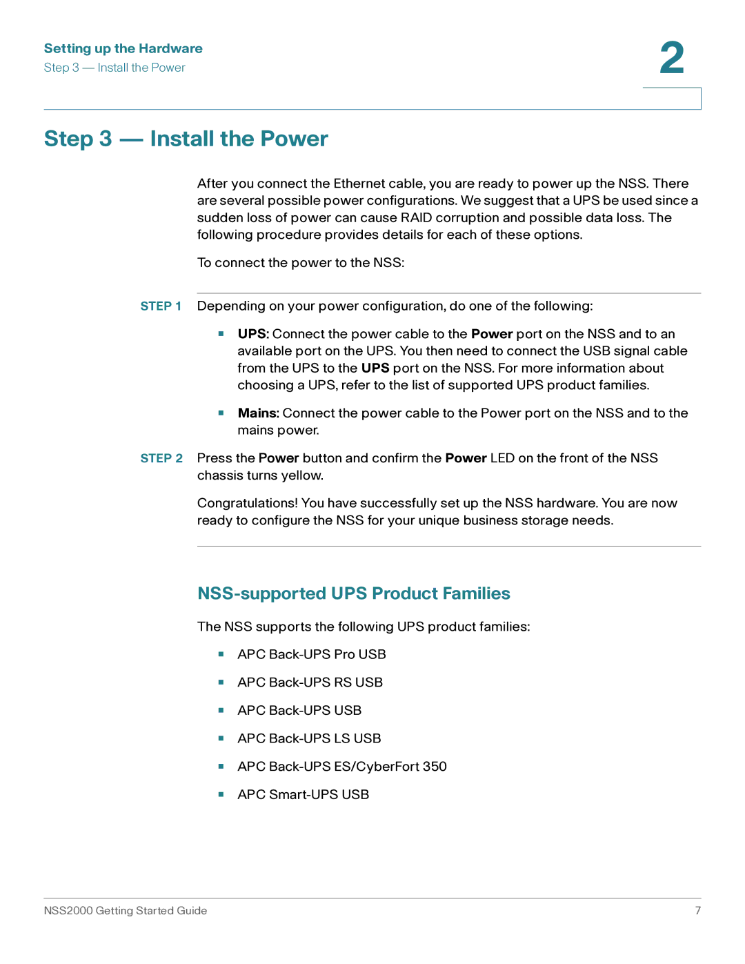 Cisco Systems NSS2000 Series manual Install the Power, NSS-supported UPS Product Families 