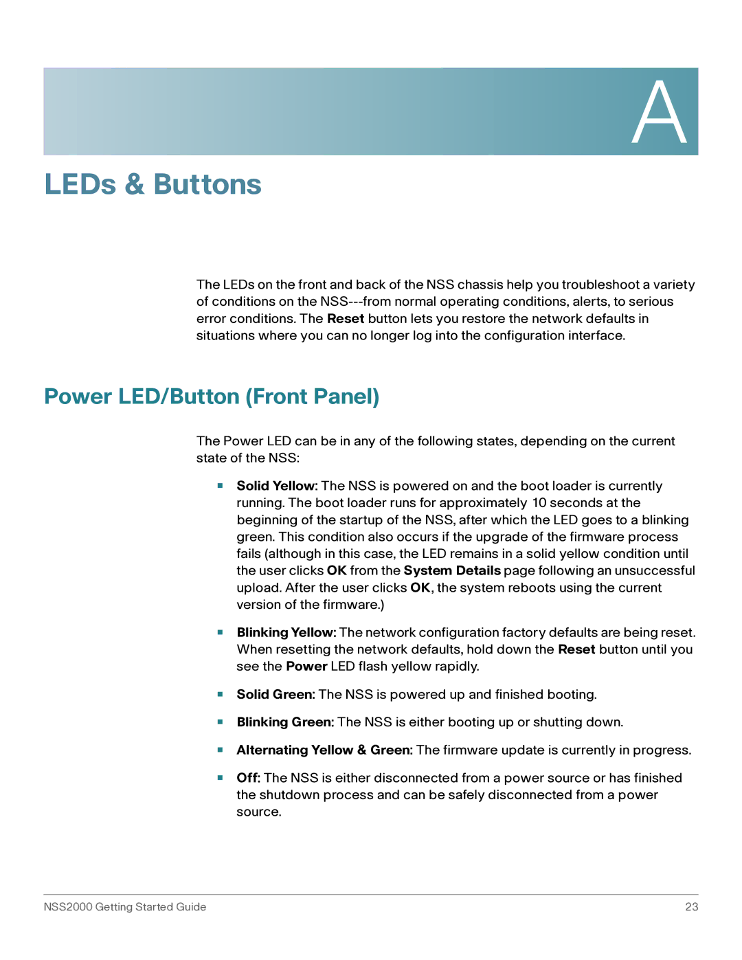 Cisco Systems NSS2000 Series manual LEDs & Buttons, Power LED/Button Front Panel 