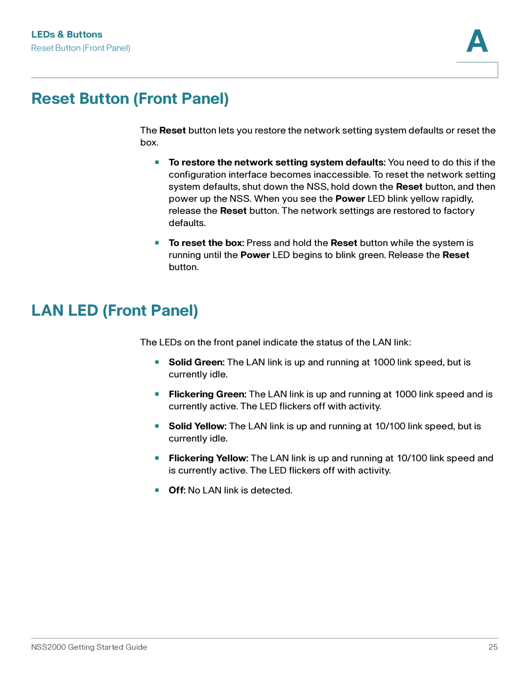 Cisco Systems NSS2000 Series manual Reset Button Front Panel, LAN LED Front Panel 