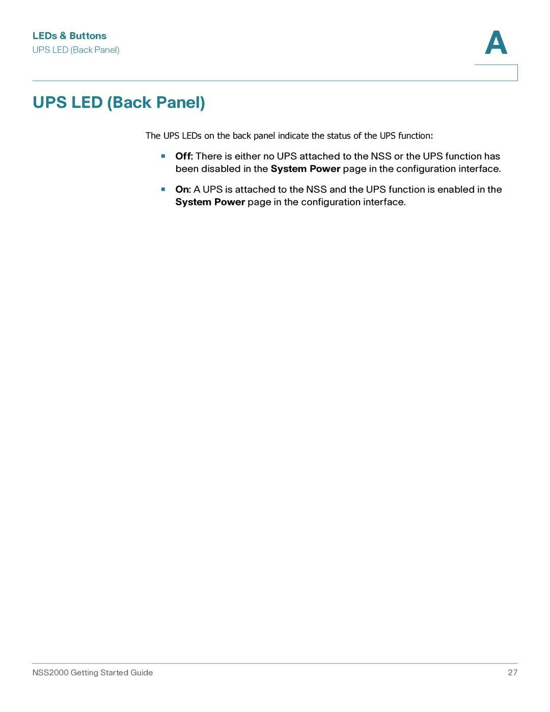 Cisco Systems NSS2000 Series manual UPS LED Back Panel 