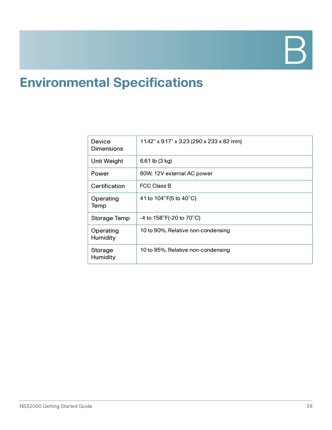 Cisco Systems NSS2000 Series manual Environmental Specifications 