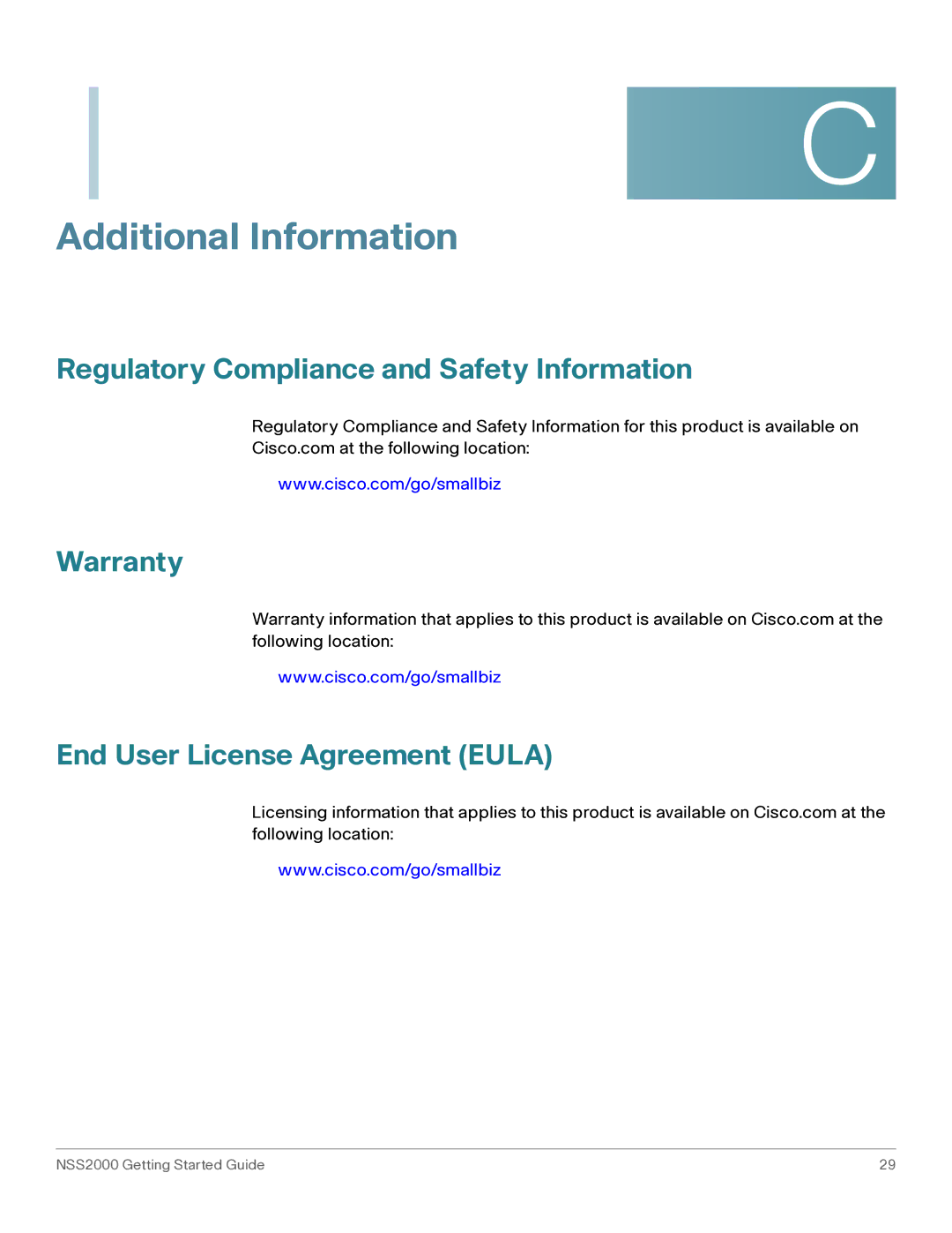 Cisco Systems NSS2000 Series manual Regulatory Compliance and Safety Information, Warranty End User License Agreement Eula 