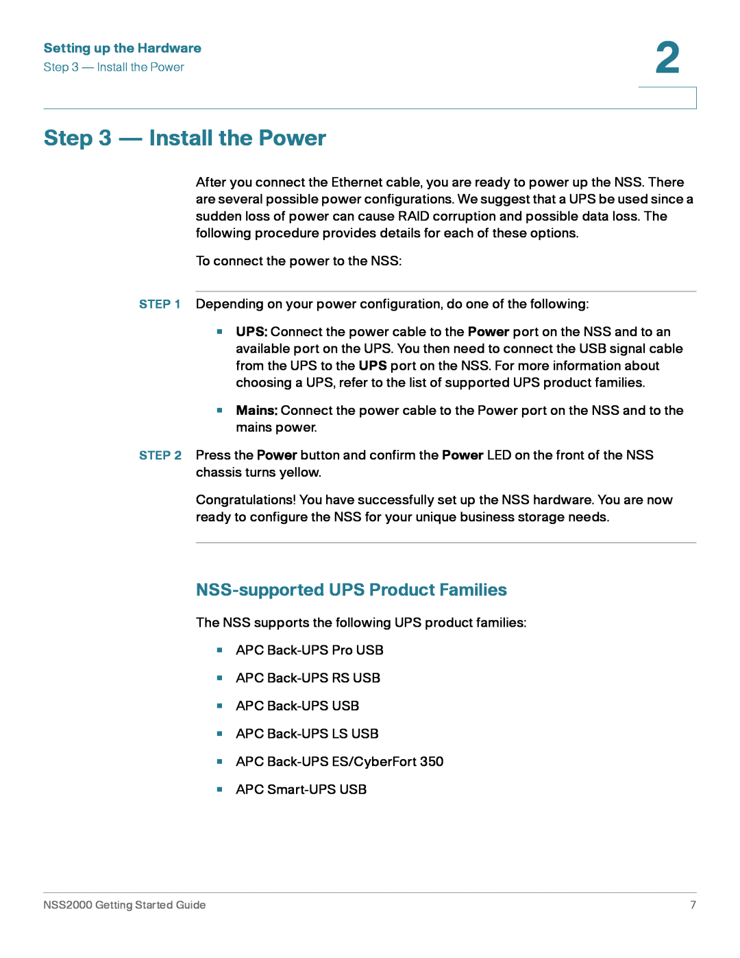 Cisco Systems NSS2000 Series manual Install the Power, NSS-supported UPS Product Families, Setting up the Hardware 