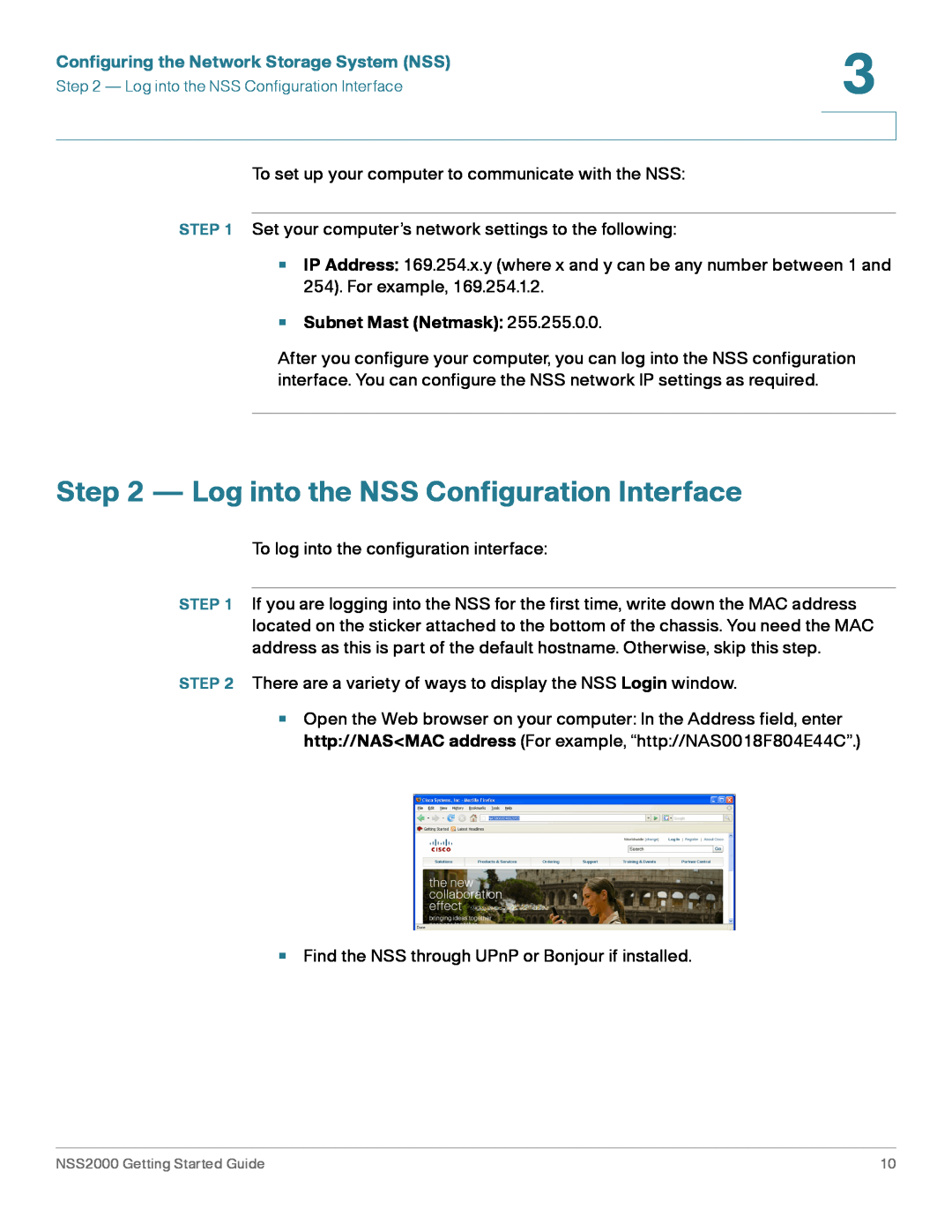 Cisco Systems NSS2000 Series manual Log into the NSS Configuration Interface, Configuring the Network Storage System NSS 