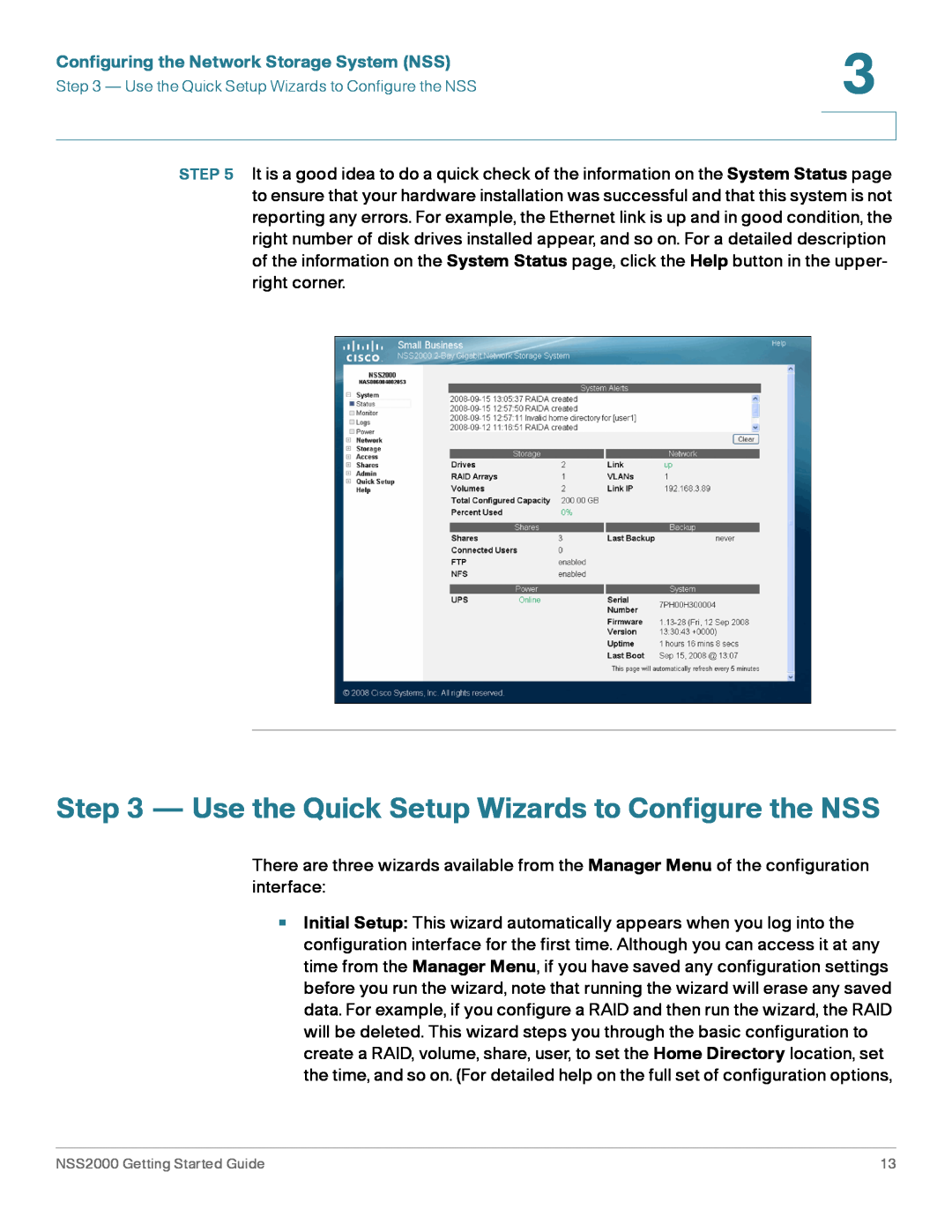 Cisco Systems NSS2000 Series Use the Quick Setup Wizards to Configure the NSS, Configuring the Network Storage System NSS 
