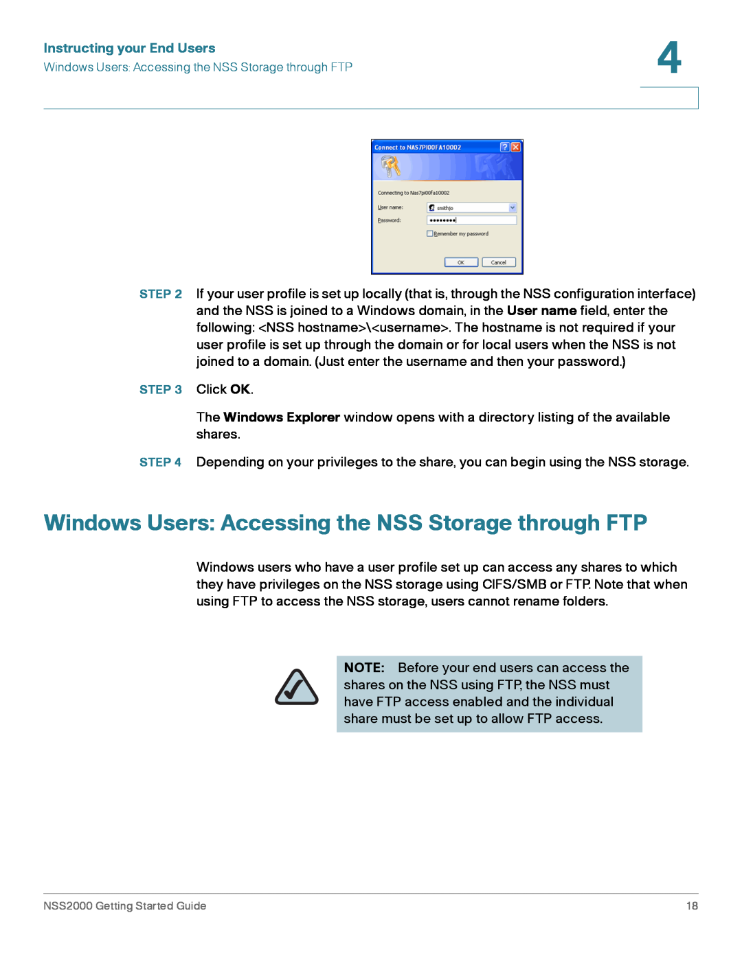Cisco Systems NSS2000 Series manual Windows Users Accessing the NSS Storage through FTP, Instructing your End Users 