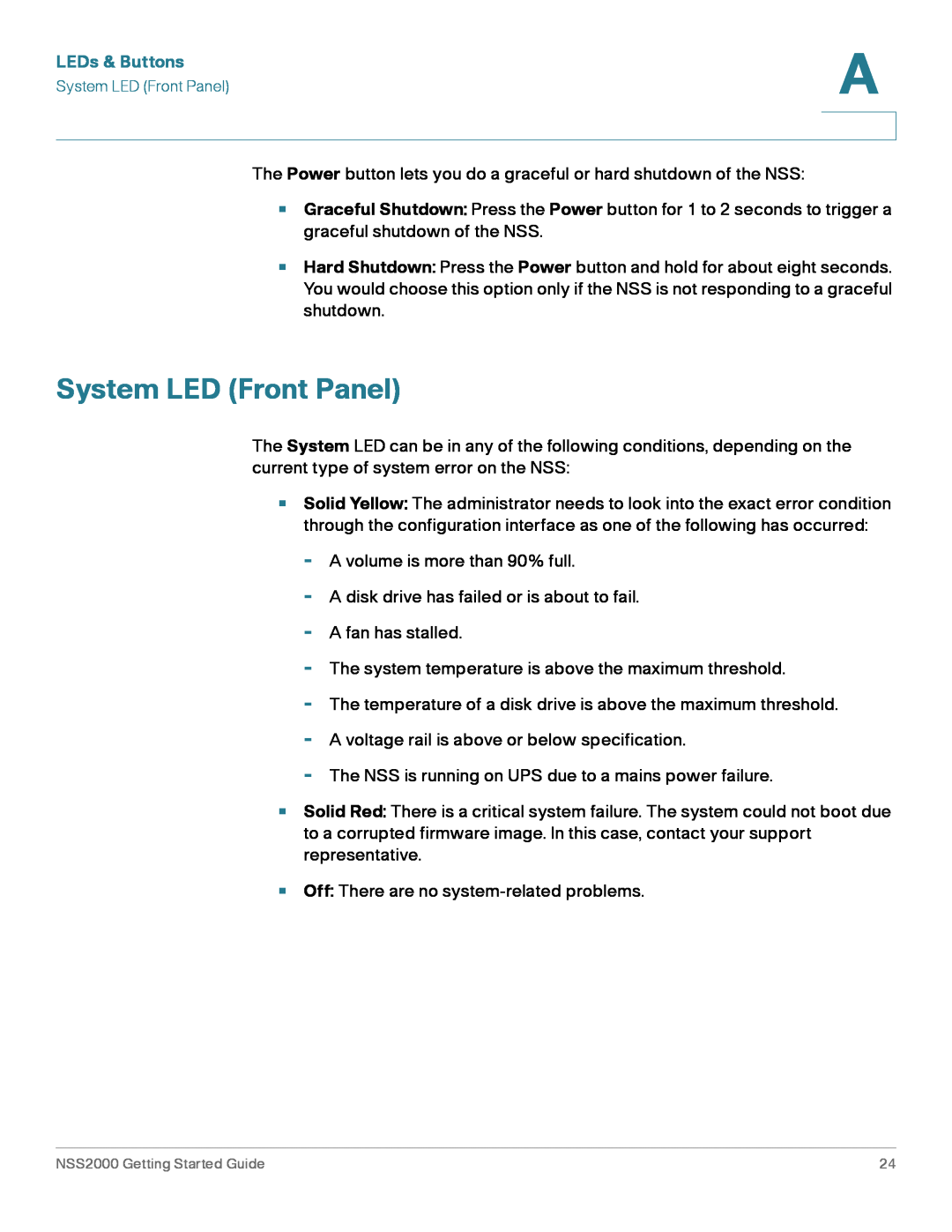 Cisco Systems NSS2000 Series manual System LED Front Panel, LEDs & Buttons 