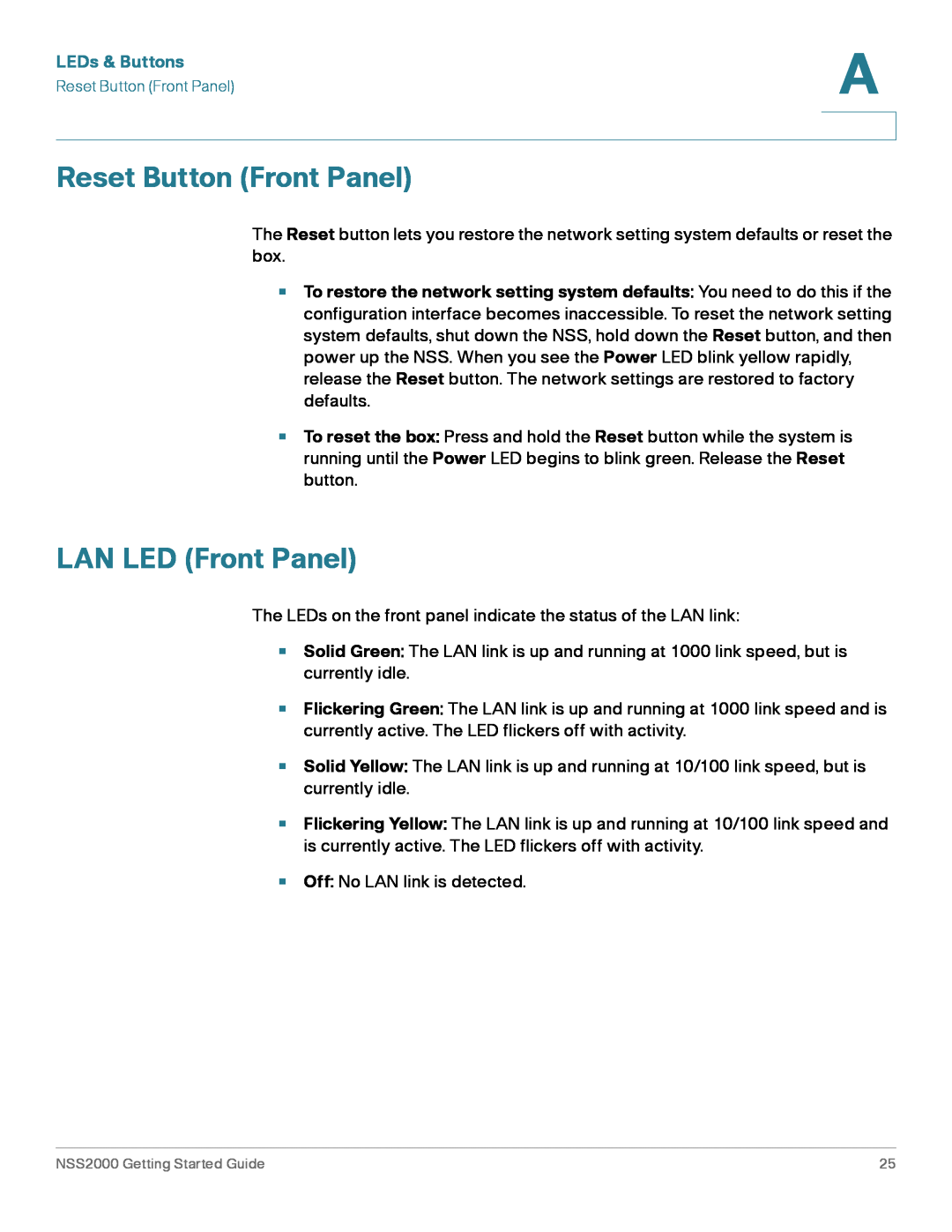 Cisco Systems NSS2000 Series manual Reset Button Front Panel, LAN LED Front Panel, LEDs & Buttons 