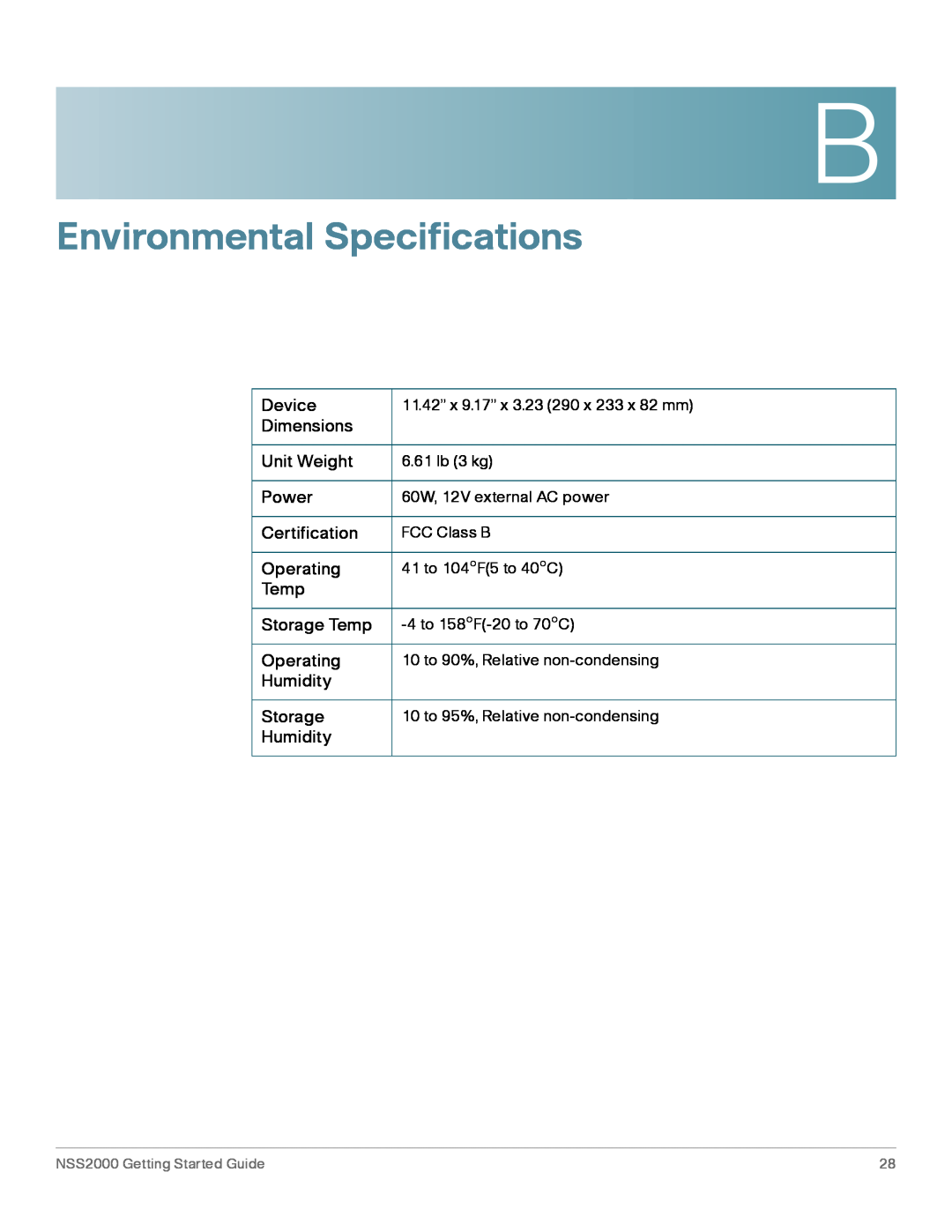 Cisco Systems NSS2000 Series manual Environmental Specifications 