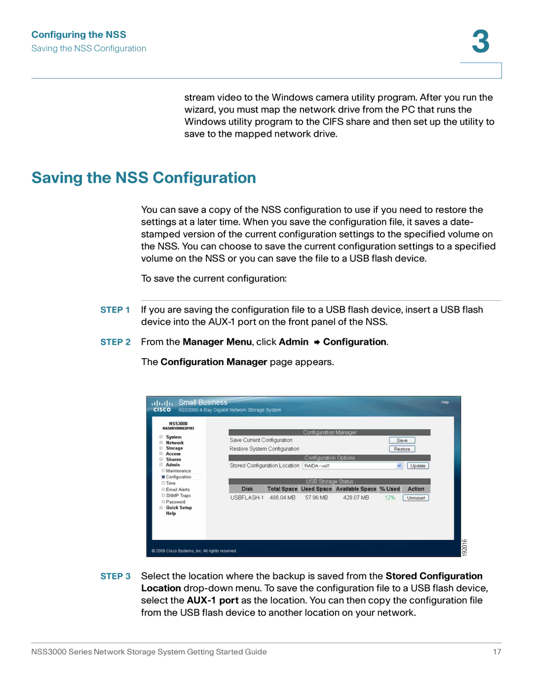 Cisco Systems NSS3000 Series manual Saving the NSS Configuration 