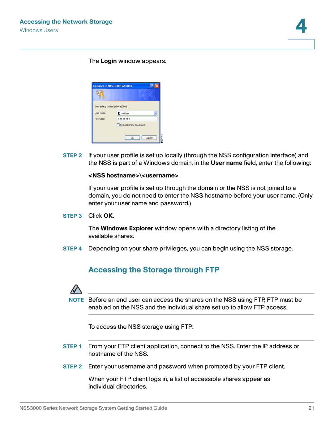 Cisco Systems NSS3000 Series manual Accessing the Storage through FTP, NSS hostname\username 