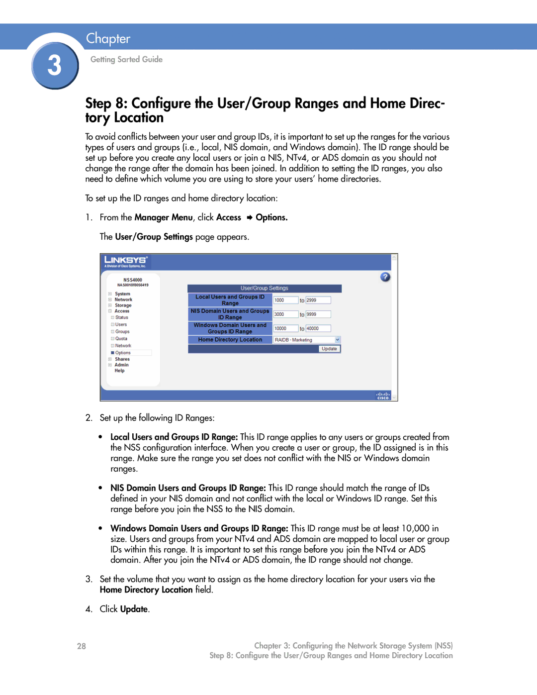 Cisco Systems NSS6000, NSS4000 manual Configure the User/Group Ranges and Home Directory Location 