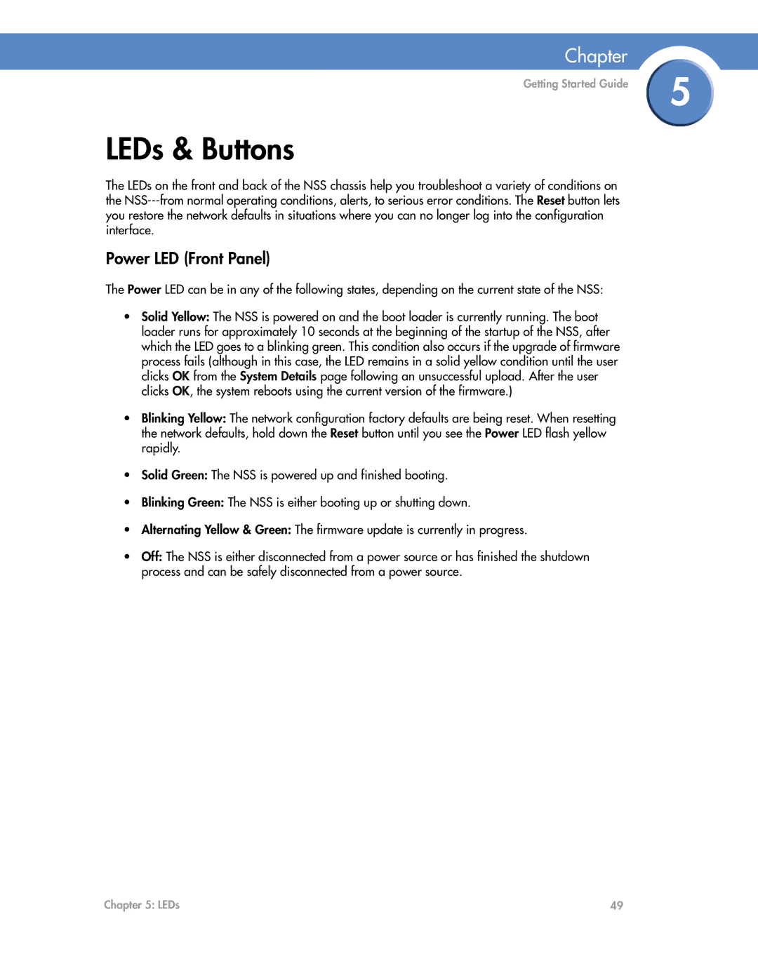 Cisco Systems NSS4000, NSS6000 manual LEDs & Buttons, Power LED Front Panel 