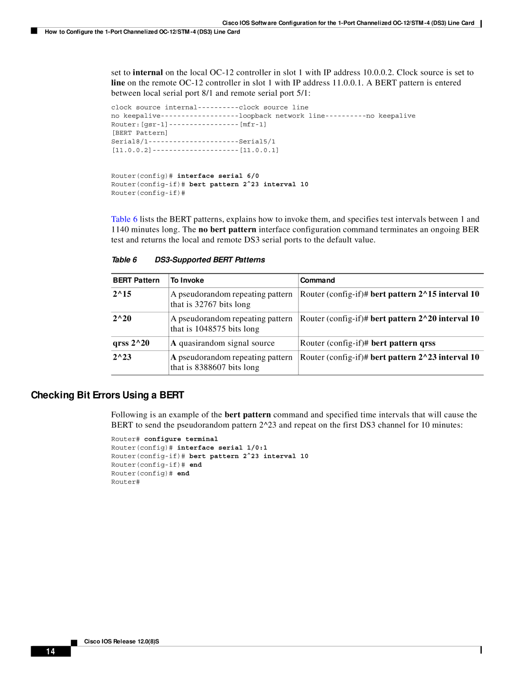 Cisco Systems OC-12/STM-14 manual Checking Bit Errors Using a Bert, Bert Pattern To Invoke Command 