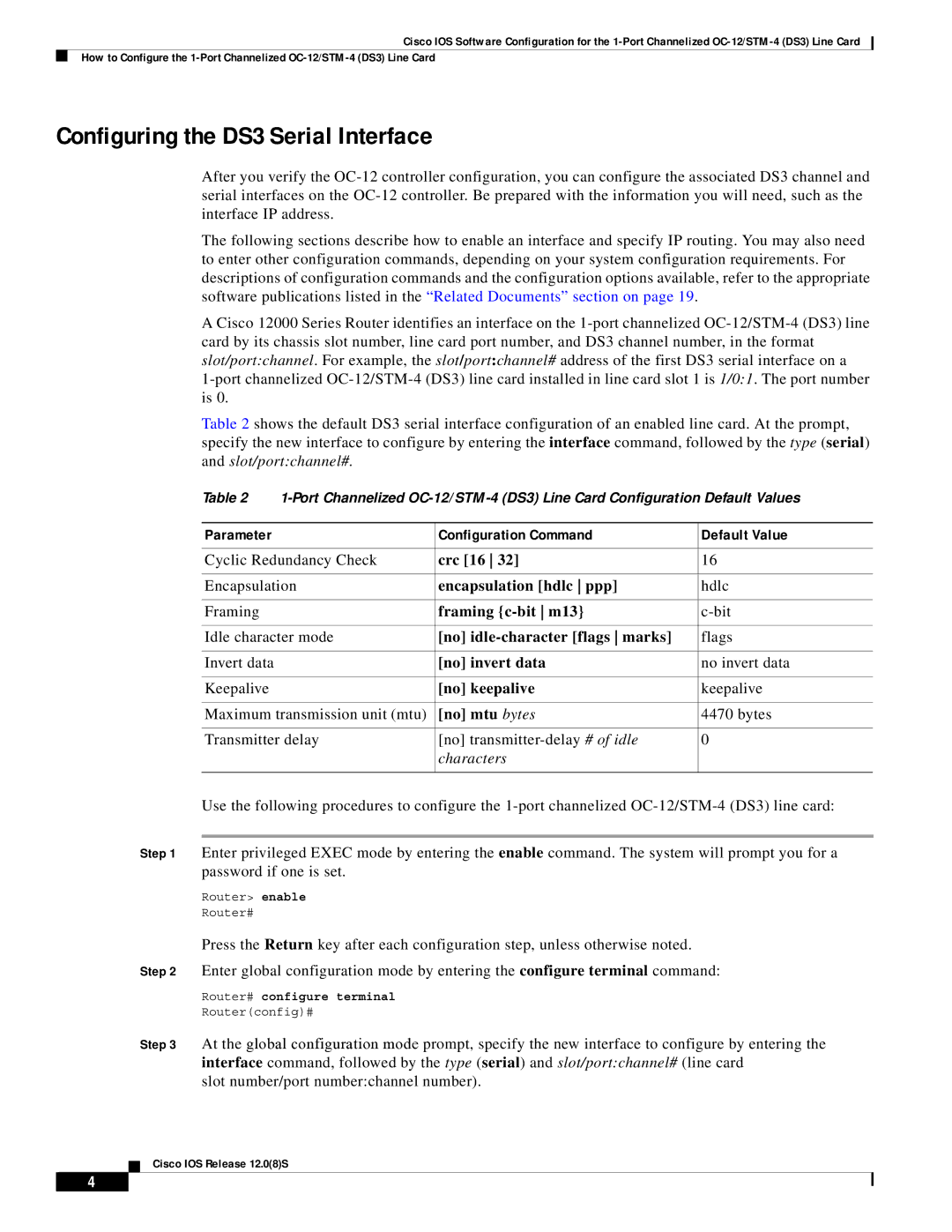 Cisco Systems OC-12/STM-14 manual Configuring the DS3 Serial Interface, Configuration Command Default Value 