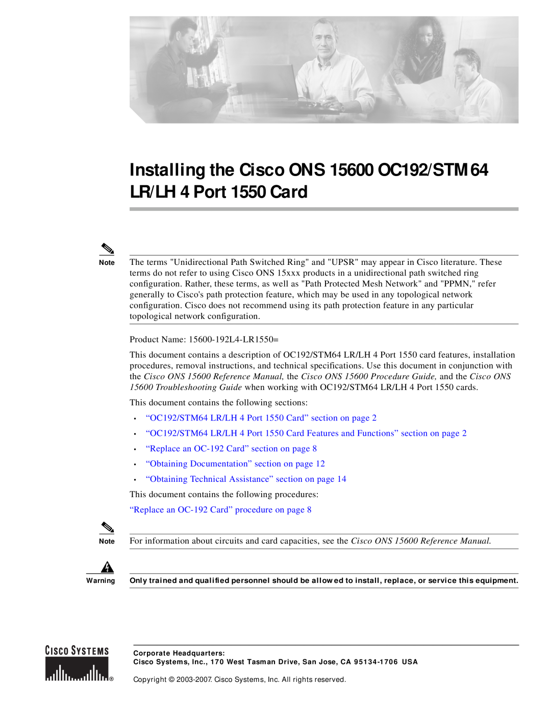 Cisco Systems technical specifications “OC192/STM64 LR/LH 4 Port 1550 Card” section on page 