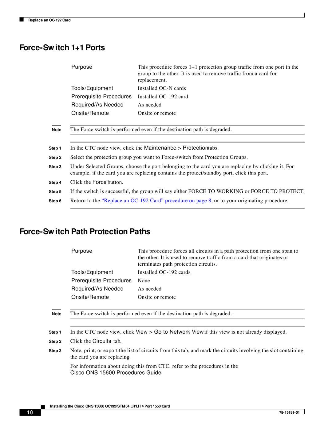 Cisco Systems OC192/STM64 LR/LH 4 technical specifications Force-Switch 1+1 Ports, Force-Switch Path Protection Paths 