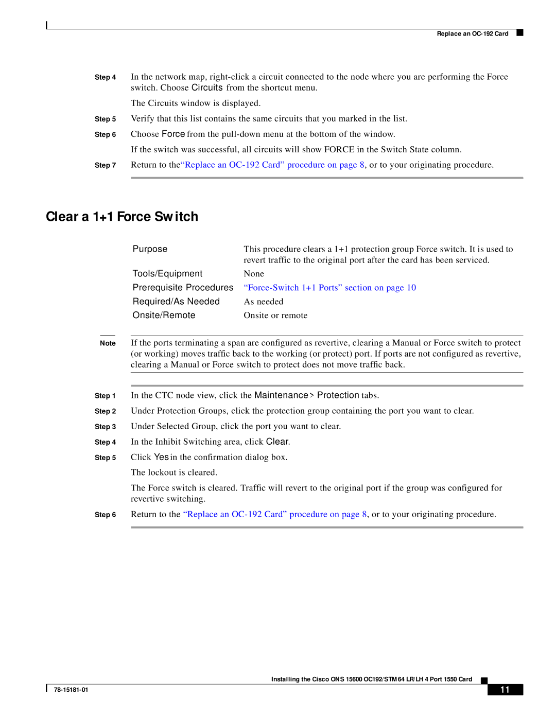 Cisco Systems OC192/STM64 LR/LH 4 technical specifications Clear a 1+1 Force Switch, Force-Switch 1+1 Ports section on 