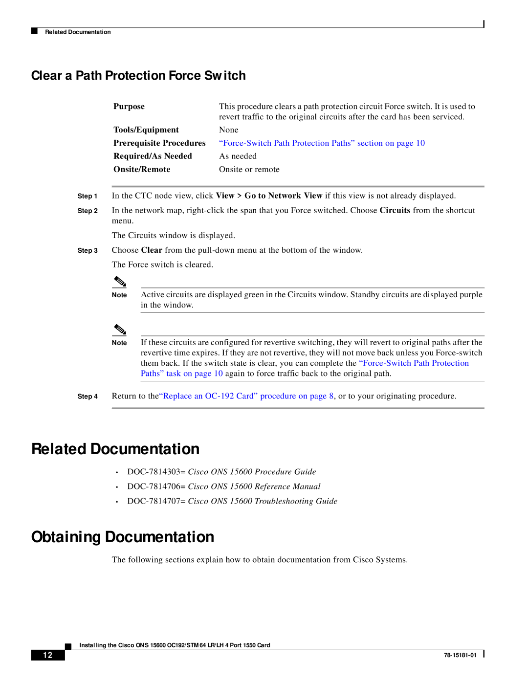 Cisco Systems OC192/STM64 LR/LH 4 Related Documentation, Obtaining Documentation, Clear a Path Protection Force Switch 