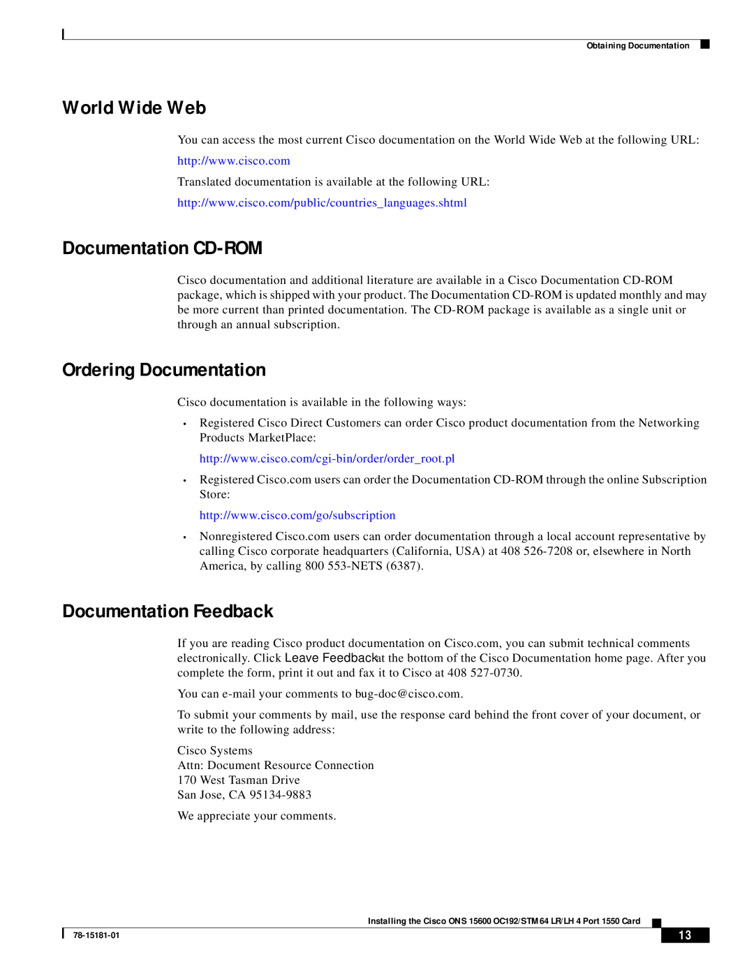 Cisco Systems OC192/STM64 LR/LH 4 World Wide Web, Documentation CD-ROM, Ordering Documentation, Documentation Feedback 