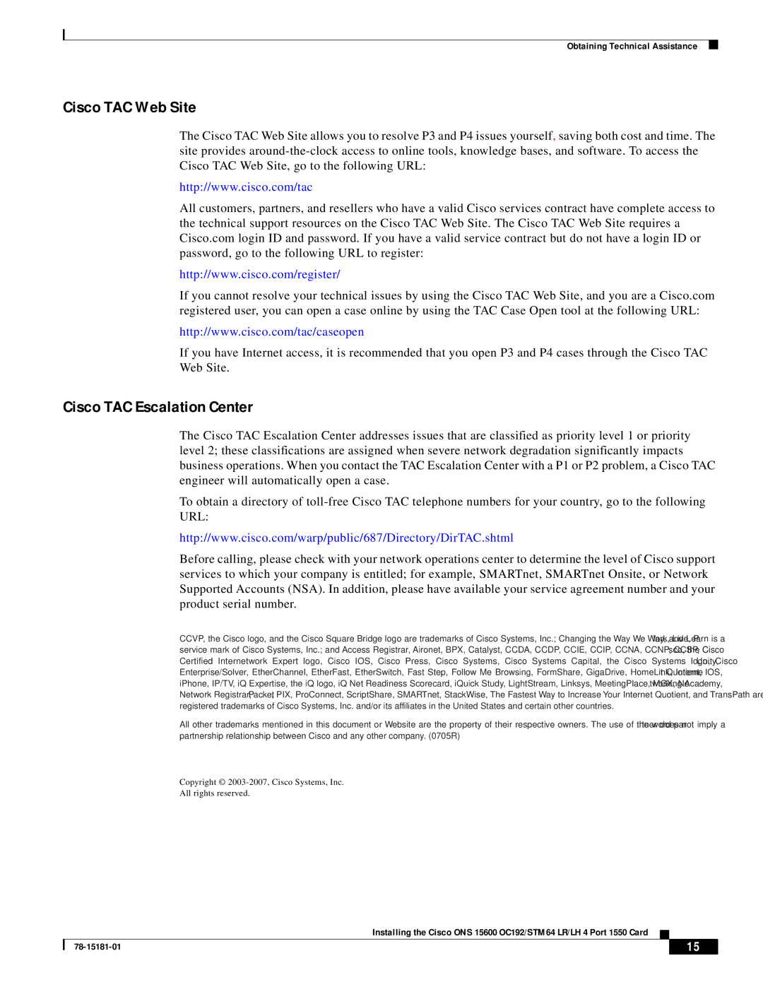 Cisco Systems OC192/STM64 LR/LH 4 technical specifications Cisco TAC Web Site 