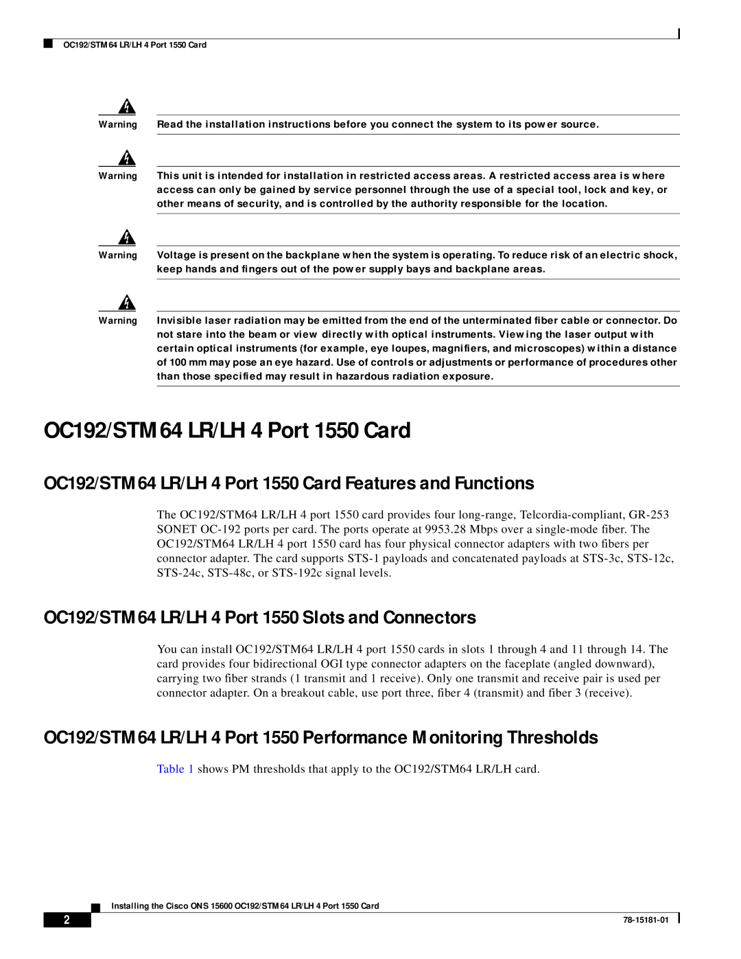 Cisco Systems technical specifications OC192/STM64 LR/LH 4 Port 1550 Card Features and Functions 