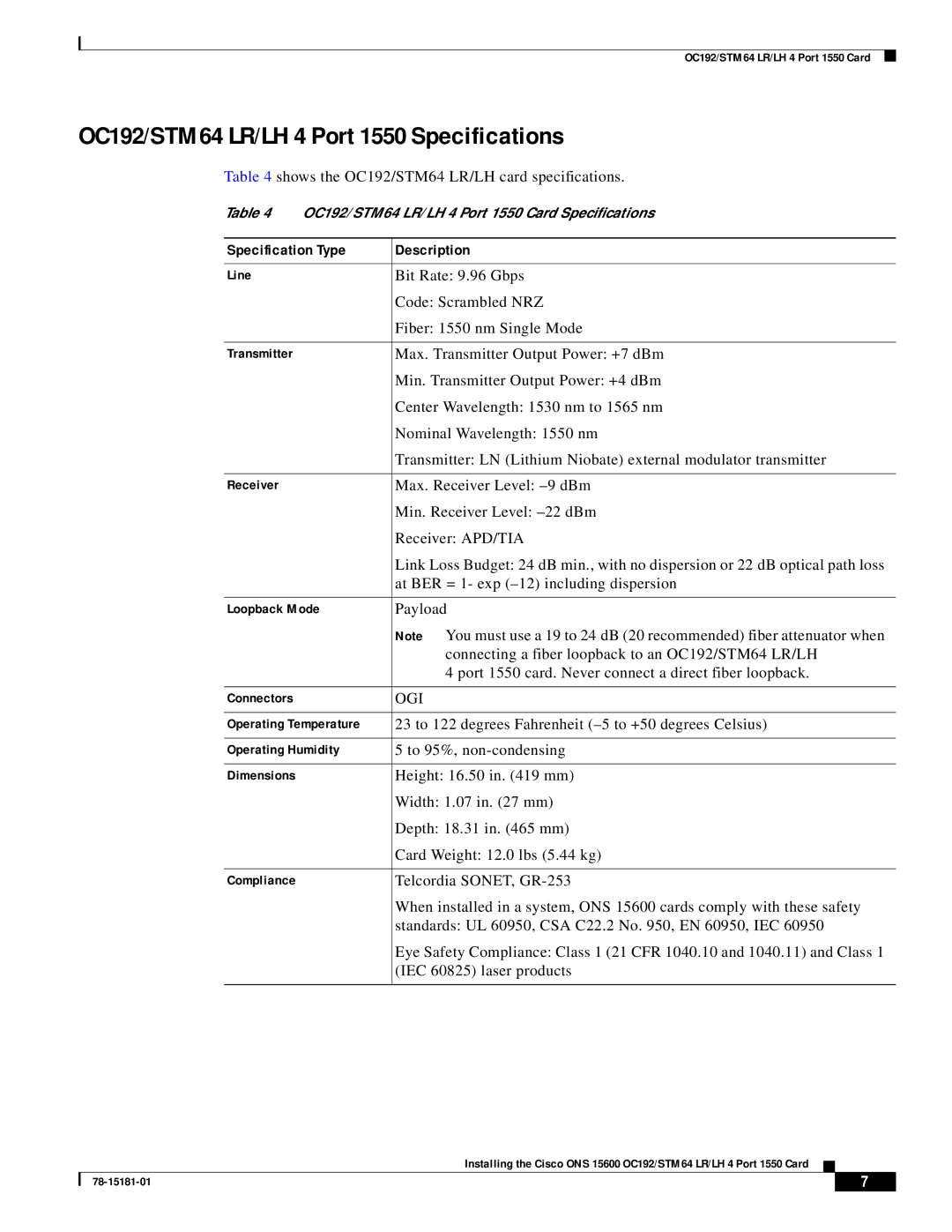 Cisco Systems technical specifications OC192/STM64 LR/LH 4 Port 1550 Specifications, Specification Type Description 