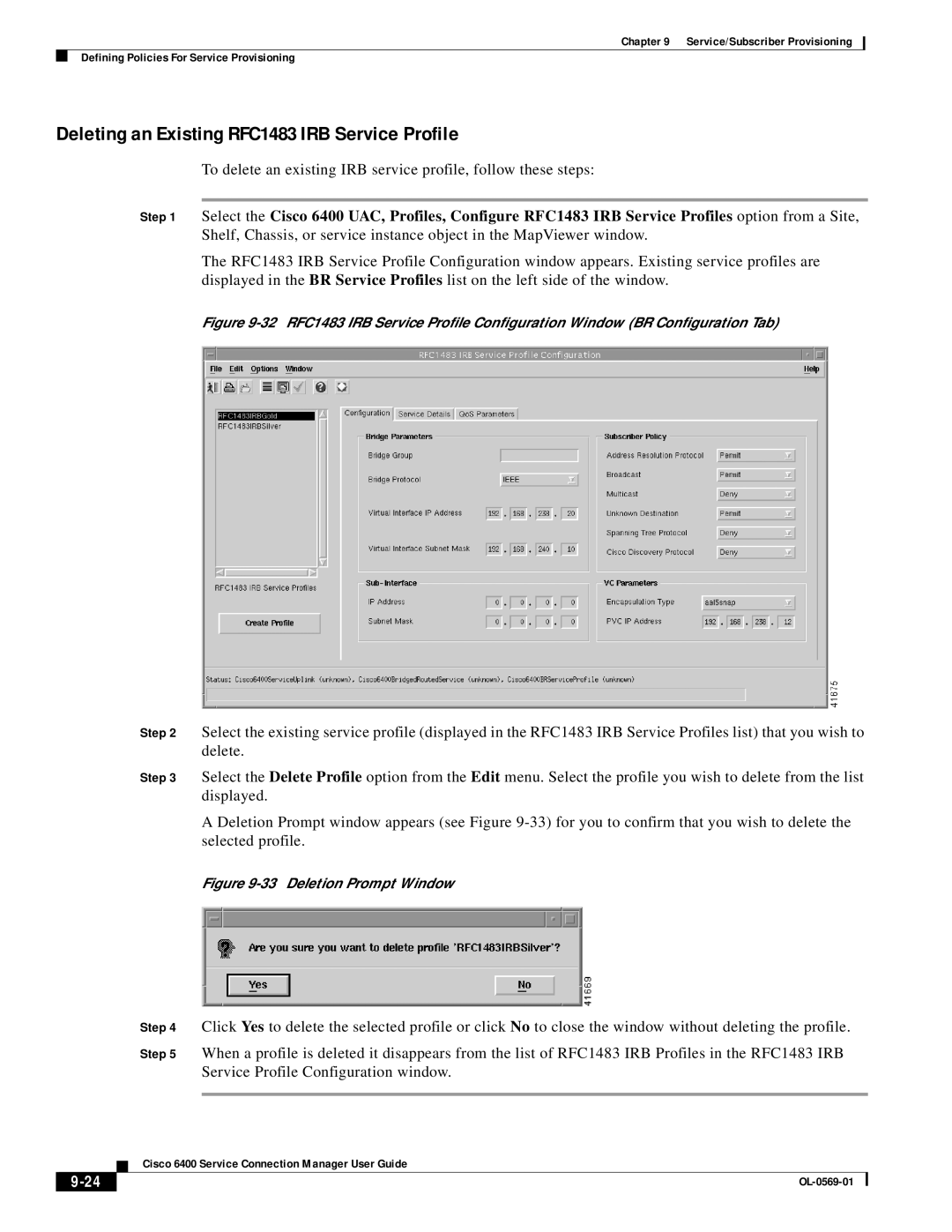 Cisco Systems OL-0569-01 manual Deleting an Existing RFC1483 IRB Service Profile, Deletion Prompt Window 